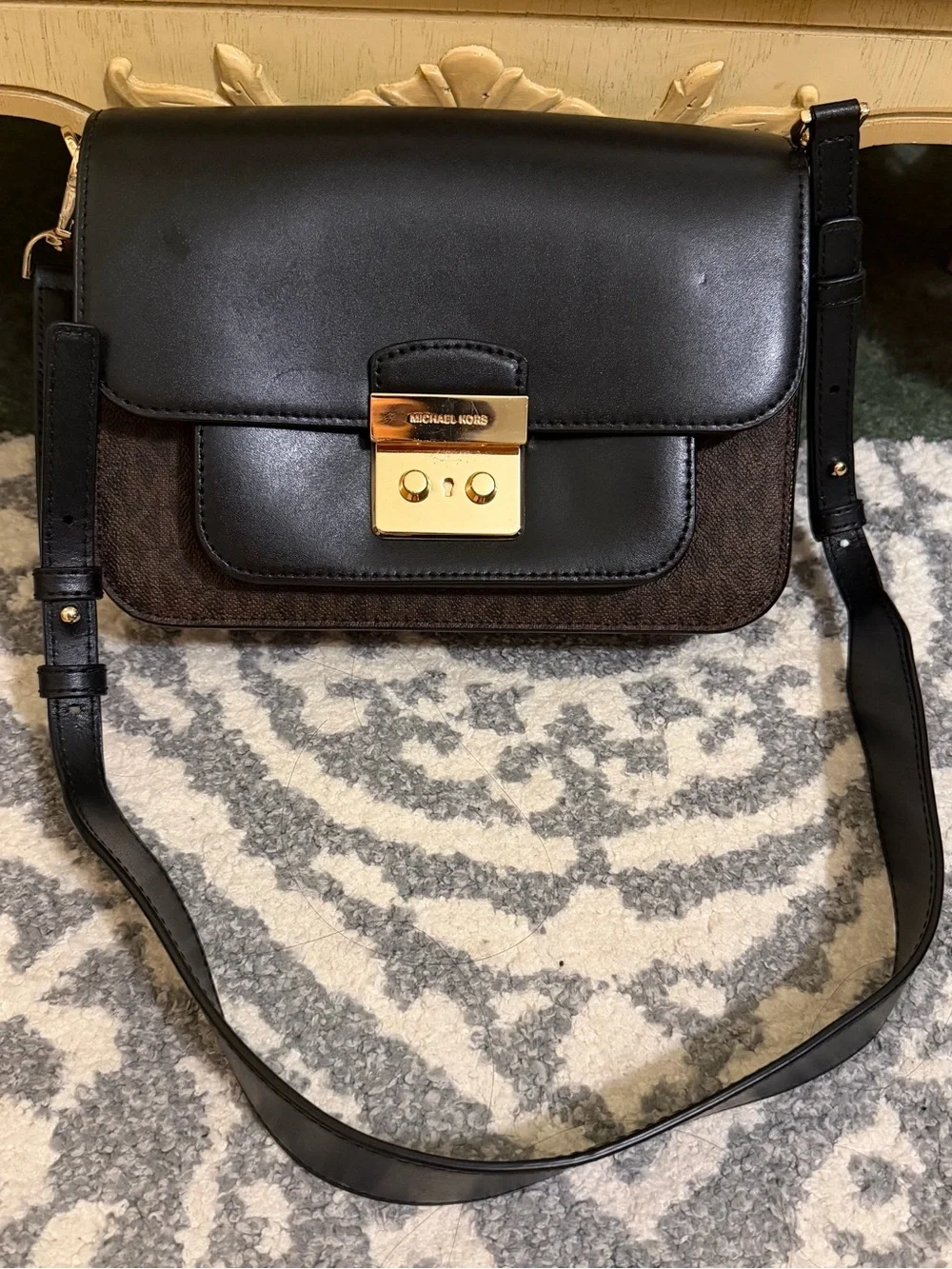Michael Kors Black and Brown Signature Leather Crossbody with Gold Hardware